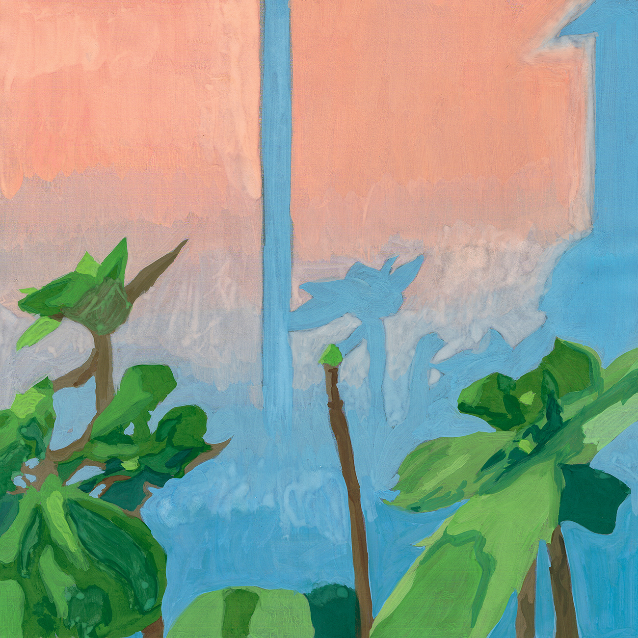 Infrastudio, Gilles Sage, gouache représentant des plantes et leurs ombres sur un mur, lumière rose et ombres bleues, illustrant le concept d'inframince