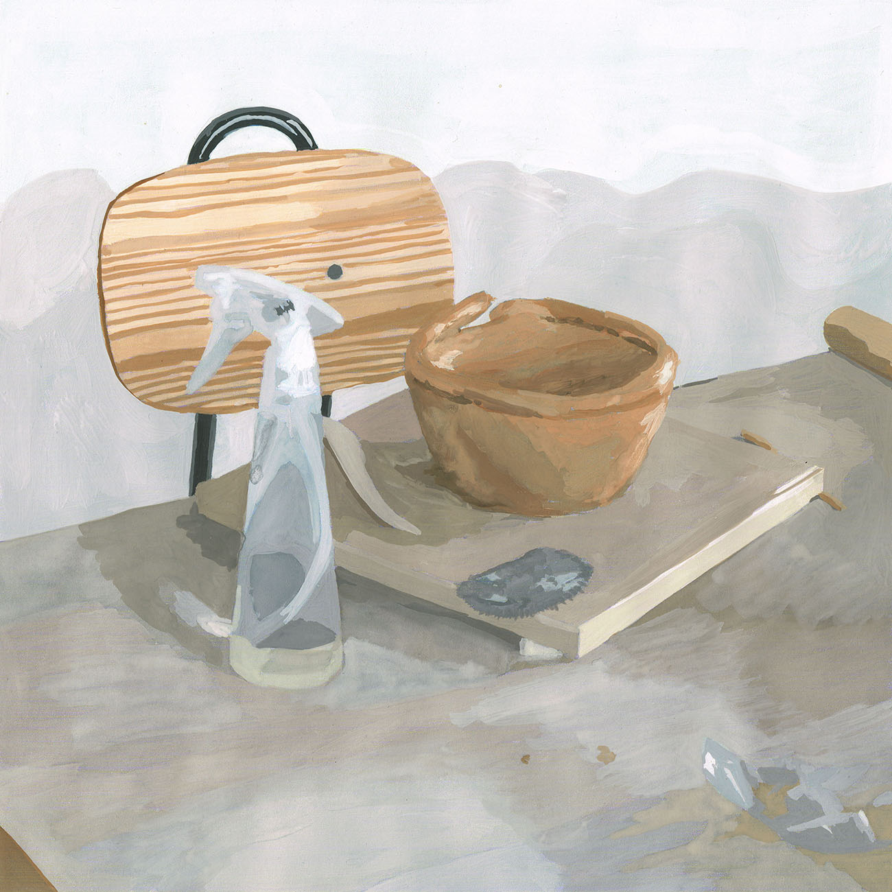 Infrastudio, Gilles Sage, gouache représentant un pot en construction au colombin, table de travail, outils, vaporisateur et chaise