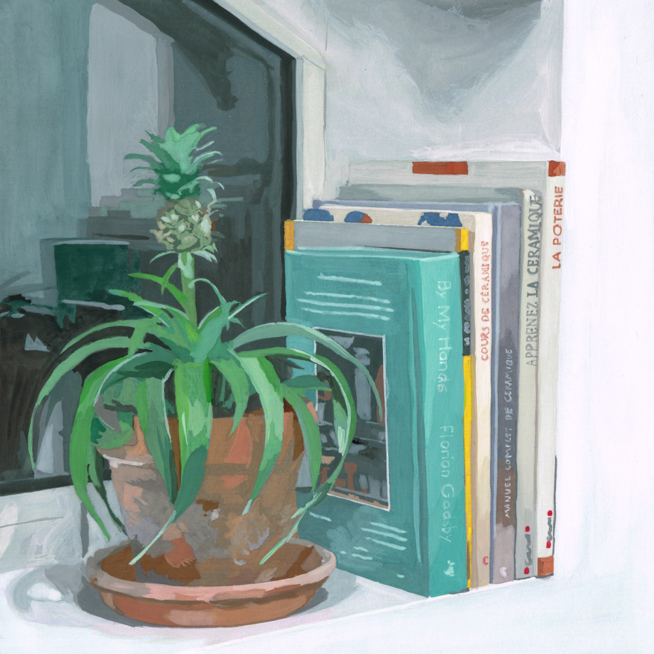Infrastudio, Gilles Sage, gouache représentant des livres de céramique et une plante verte, un ananas