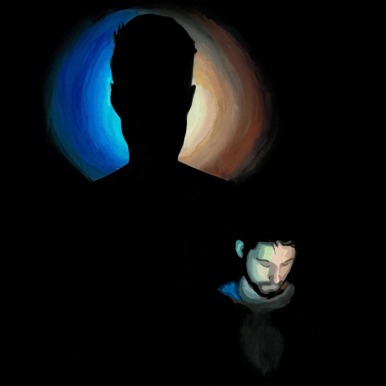 Infrastudio, Gilles Sage, gouache représentant l'artiste Gilles Sage, performant Un col de chemise bleue, et inspiré d'une photographie de Claire Delmas